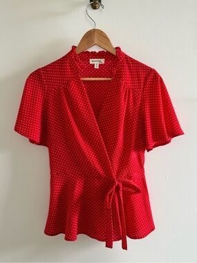 Red Polka Dot Faux Wrap blouse- M